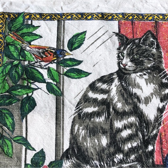 Vintage 1998 Calendar Tea Towel with Cat and Bird - Picture 2 of 3